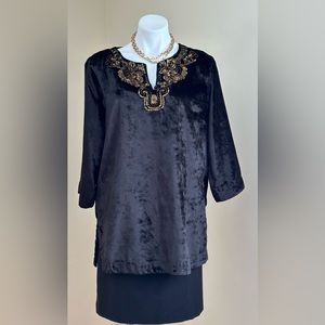 Soft Surroundings Crushed Black Velvet Tunic Top Gold Sequin Trim SZ L Good Cond